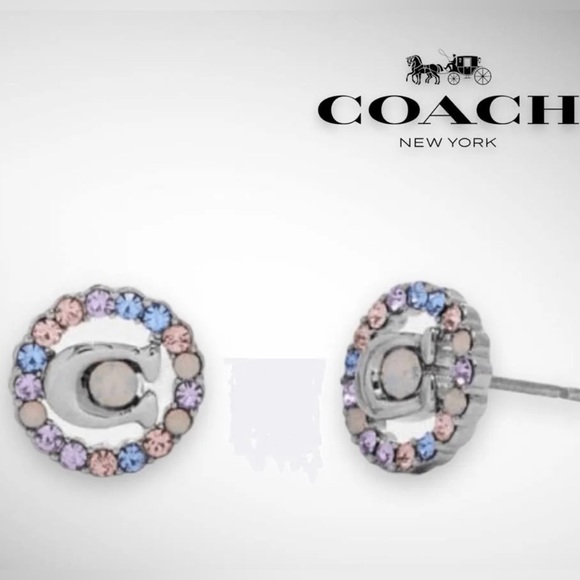 NEW COACH Signature Multicolor Crystal Stud Earrings In Silver / Blue - Picture 2 of 11